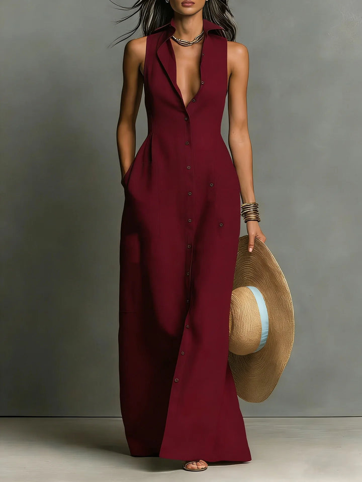 Léonie™ | Button-Front V-Neck Maxi Dress