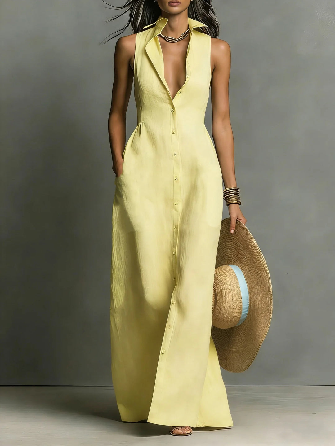 Léonie™ | Button-Front V-Neck Maxi Dress