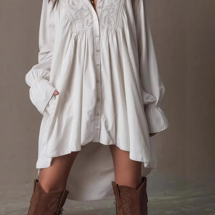 Émilie™ | Retro Lace Lapel Button-Down Mini Dress