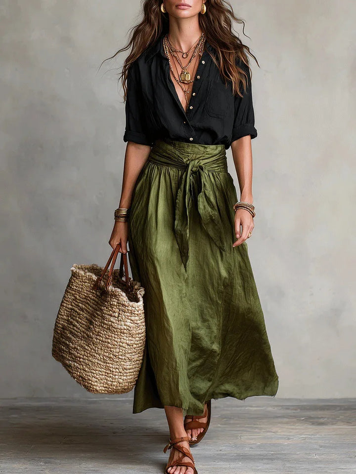 River™ | Two-Piece Set Black Top &amp; Olive Green Midi Skirt