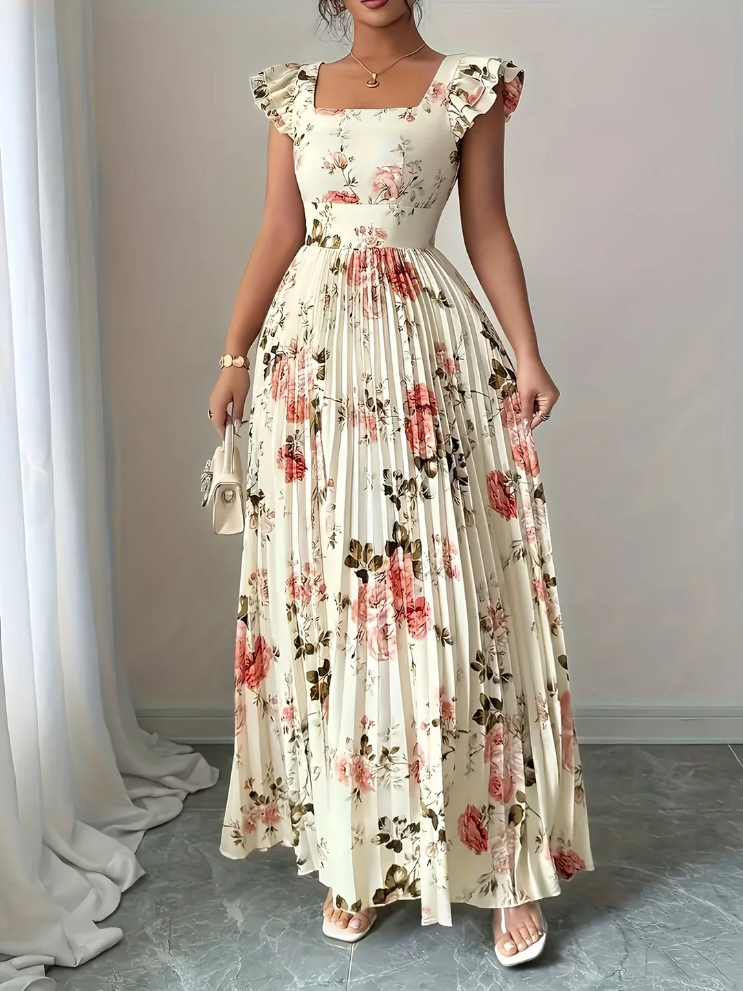 Théa™ | Beige Floral Ruffle Square-Neck Dress