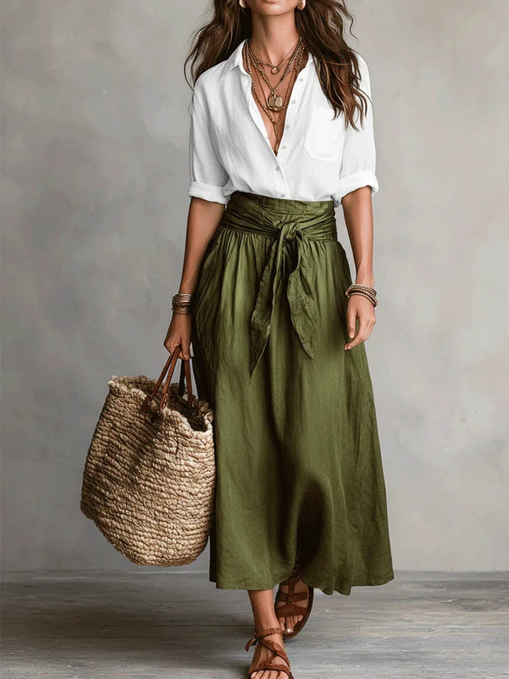 River™ | Two-Piece Set Black Top &amp; Olive Green Midi Skirt