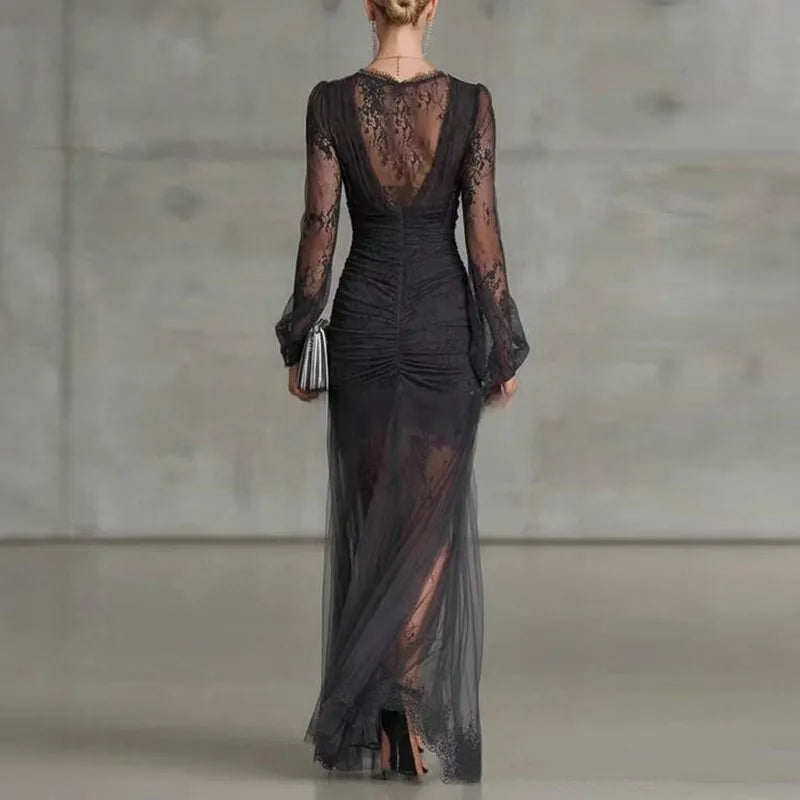 Odile™ | Long Black Lace Dress with Dramatic Slit