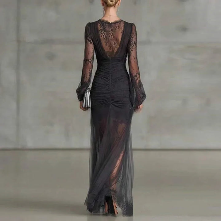 Odile™ | Long Black Lace Dress with Dramatic Slit