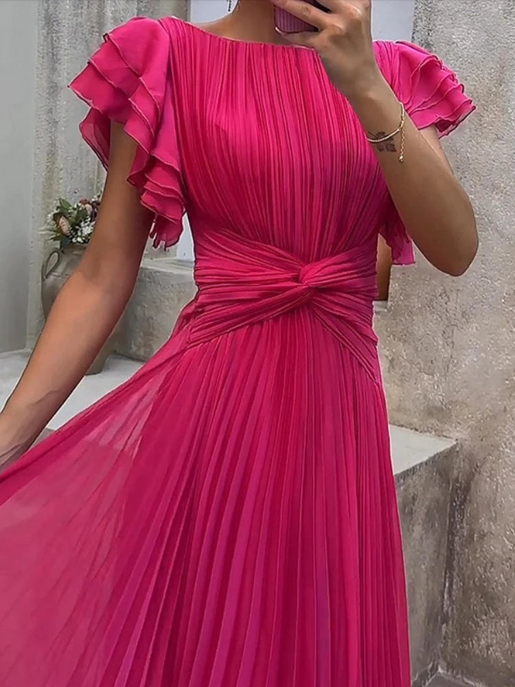 Estelle™ | Pleated Cross-Front Ruffle Sleeve Dress