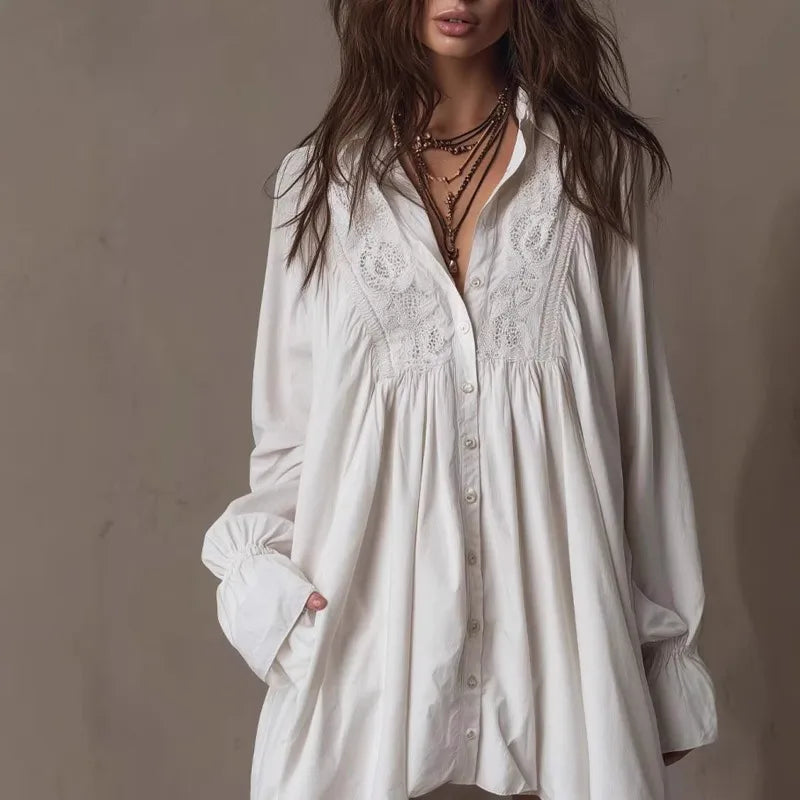 Émilie™ | Retro Lace Lapel Button-Down Mini Dress