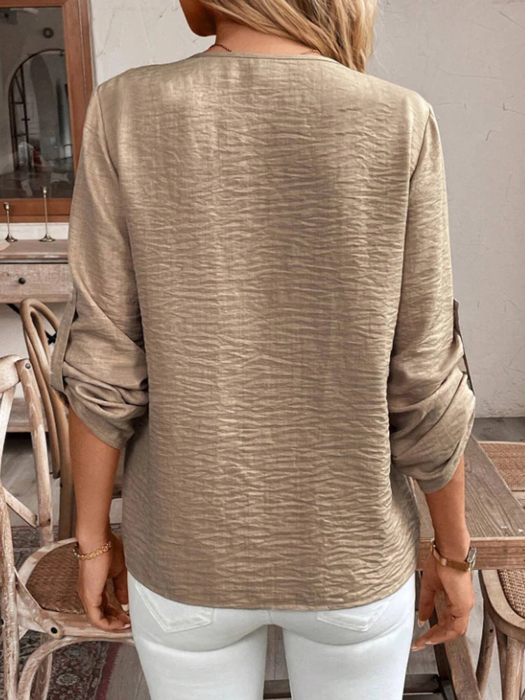 Viviane™ | Elegant V-Neck Cuffed Blouse