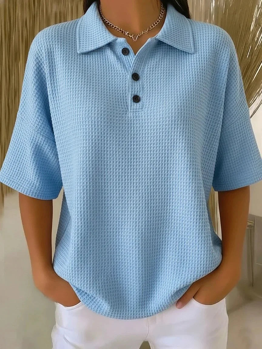 Joséphine™ | Comfortable Waffle Polo Blouse