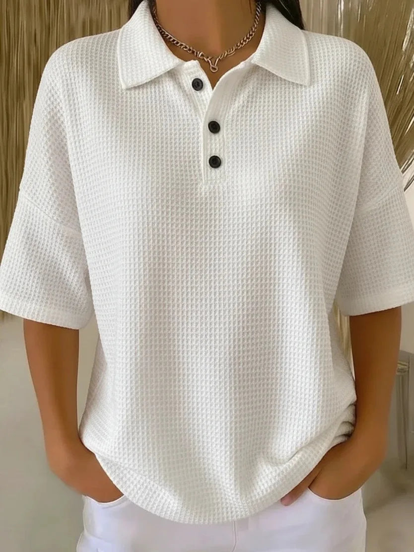 Joséphine™ | Comfortable Waffle Polo Blouse