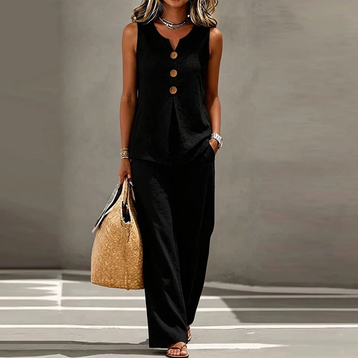 Iria™ | V-Neck Button Vest &amp; Wide-Leg Pants Set