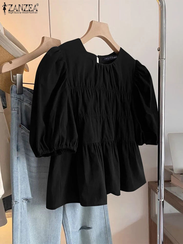 Nathalie™ | Ruffled Round-Neck Tunic Blouse