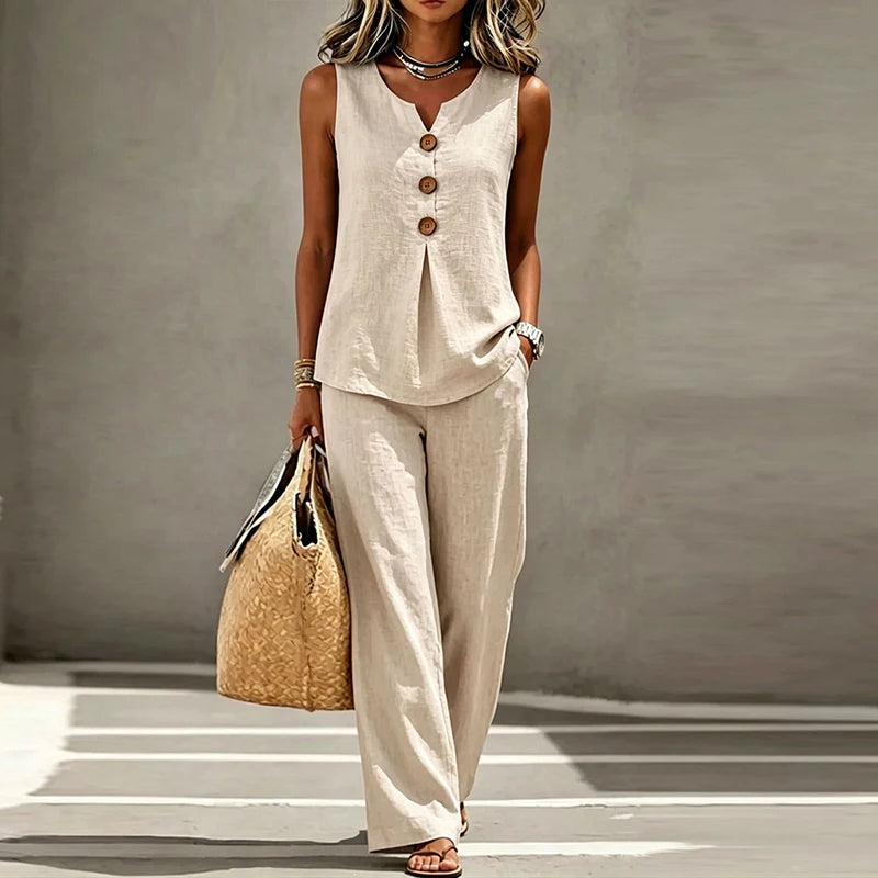 Iria™ | V-Neck Button Vest &amp; Wide-Leg Pants Set