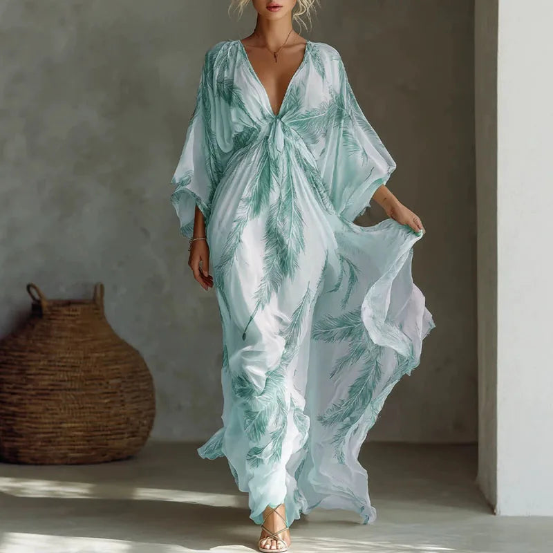 Delphine™ | V-Neck Batwing Print Chiffon Maxi Dress