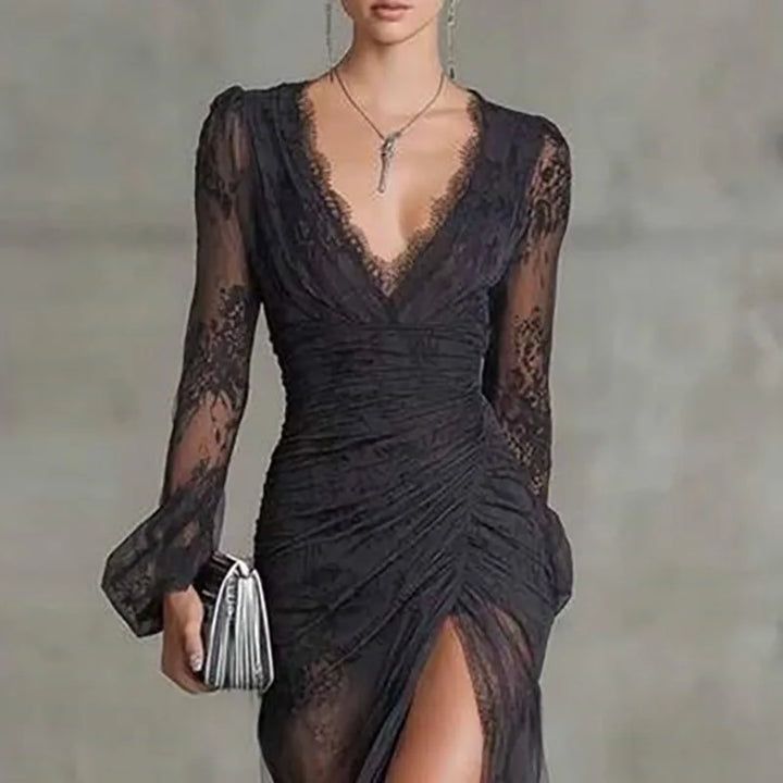 Odile™ | Long Black Lace Dress with Dramatic Slit