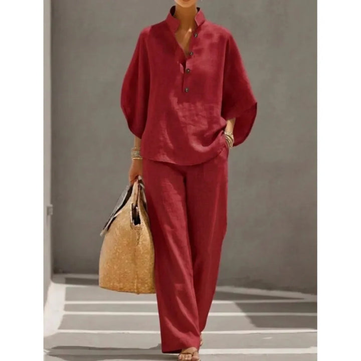Seren™ | Linen Stand-Collar Wide-Leg Set