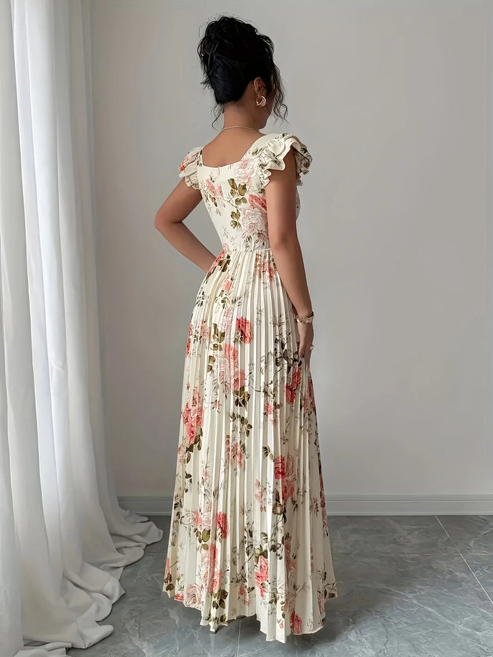 Théa™ | Beige Floral Ruffle Square-Neck Dress