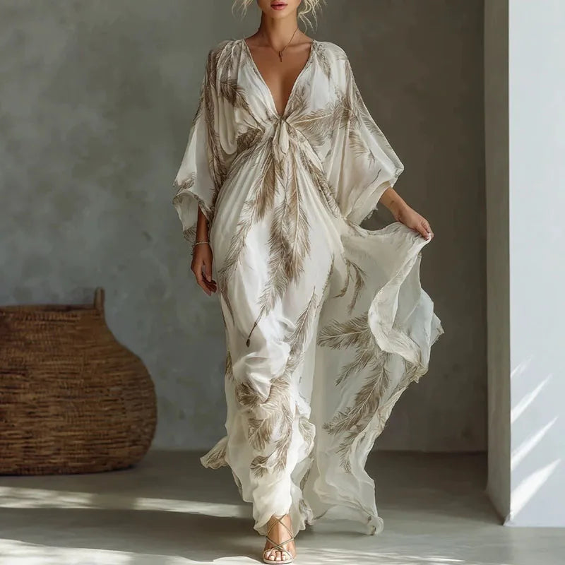Delphine™ | V-Neck Batwing Print Chiffon Maxi Dress
