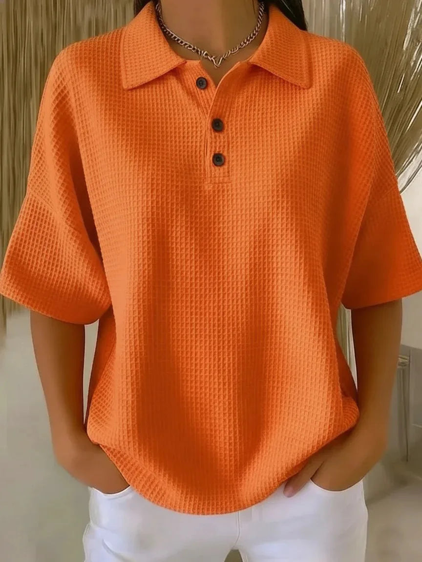 Joséphine™ | Comfortable Waffle Polo Blouse