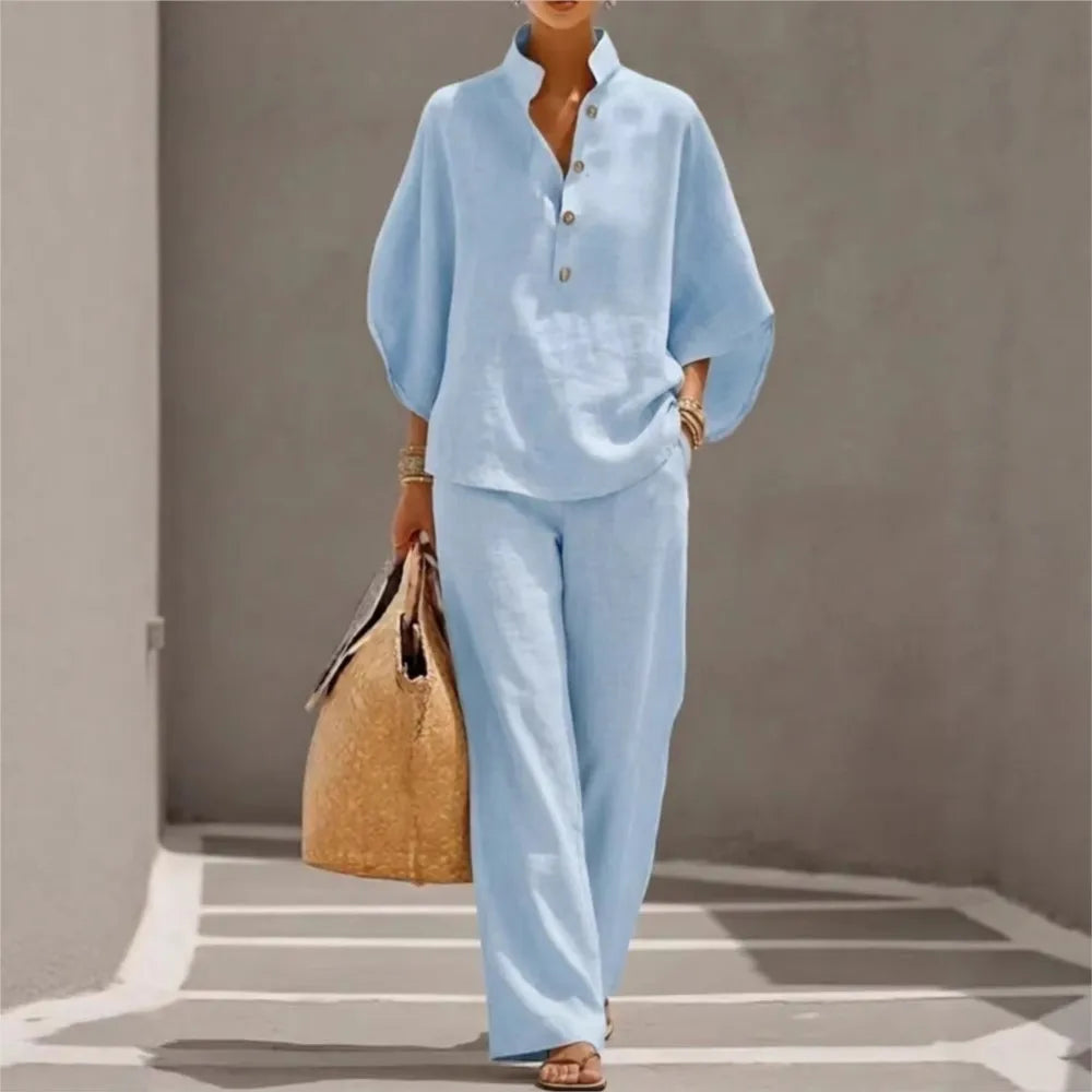 Seren™ | Linen Stand-Collar Wide-Leg Set