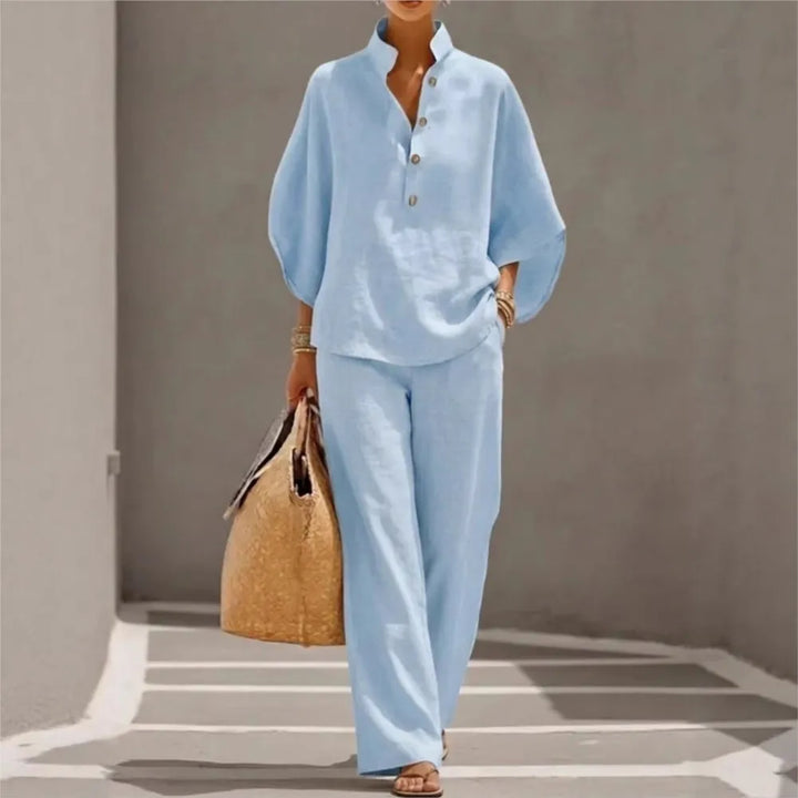 Seren™ | Linen Stand-Collar Wide-Leg Set