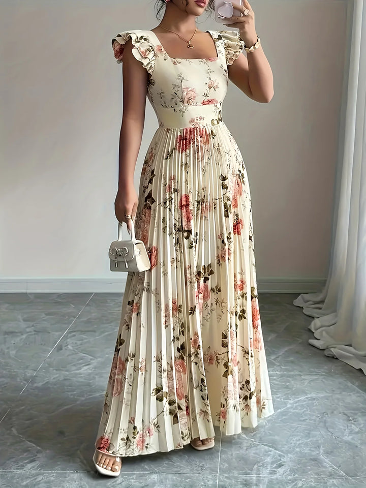 Théa™ | Beige Floral Ruffle Square-Neck Dress