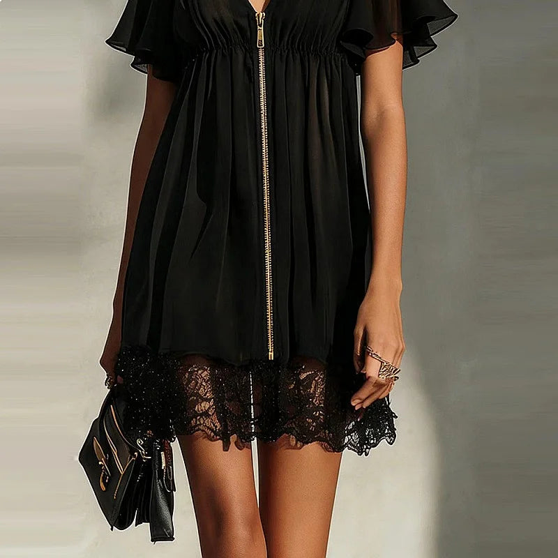 Noelle™ | Cross V-Neck Zip-Up Lace Mini Dress
