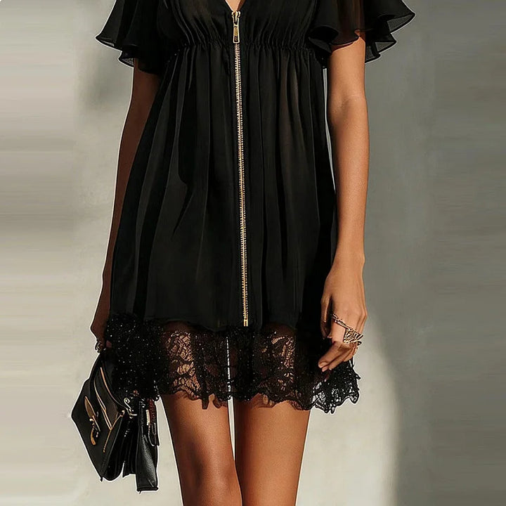 Noelle™ | Cross V-Neck Zip-Up Lace Mini Dress