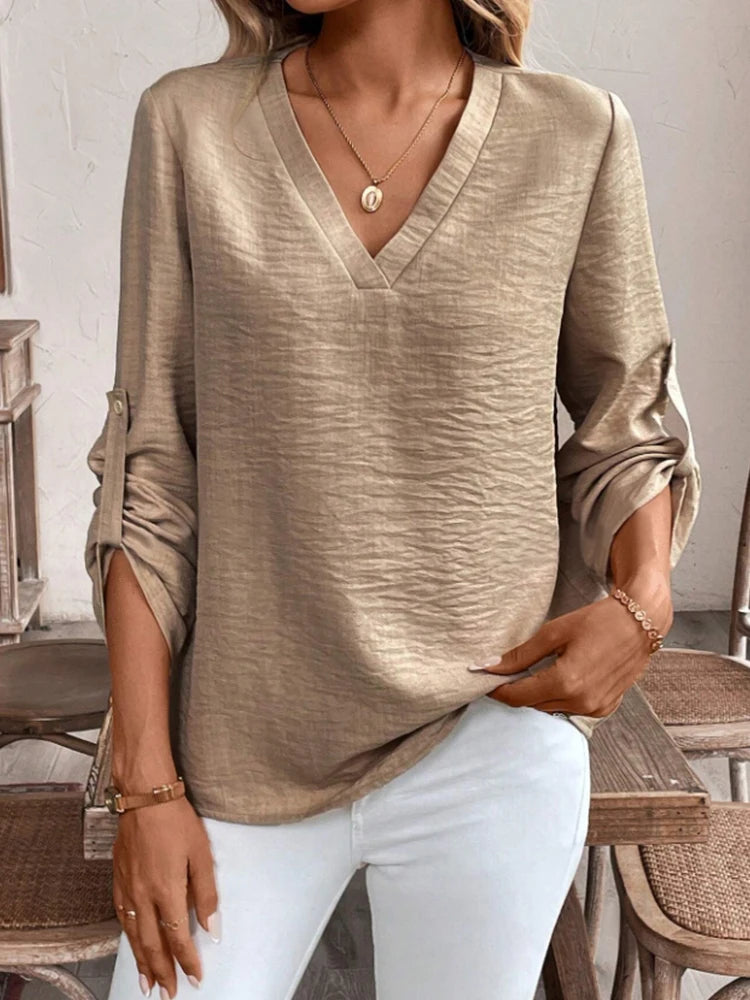 Viviane™ | Elegant V-Neck Cuffed Blouse