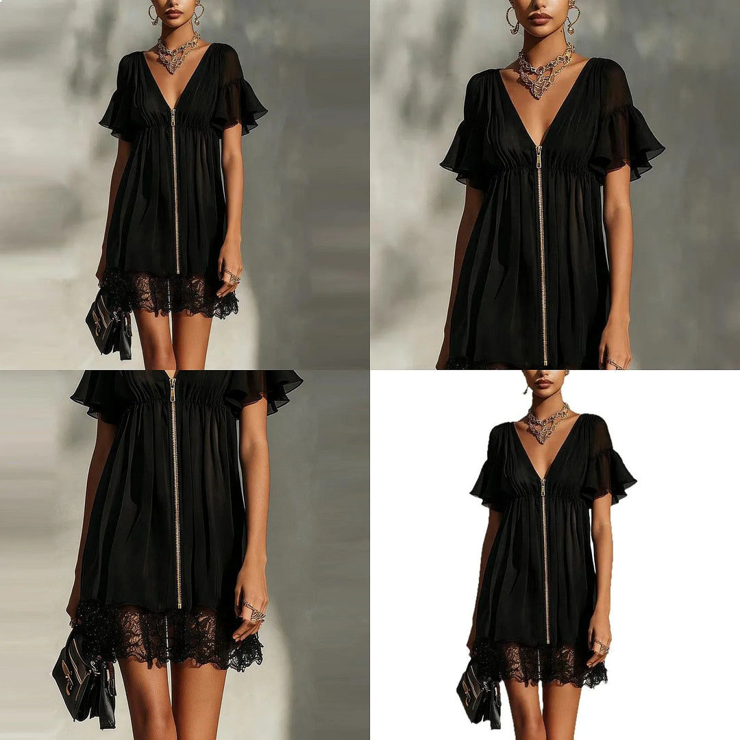 Noelle™ | Cross V-Neck Zip-Up Lace Mini Dress