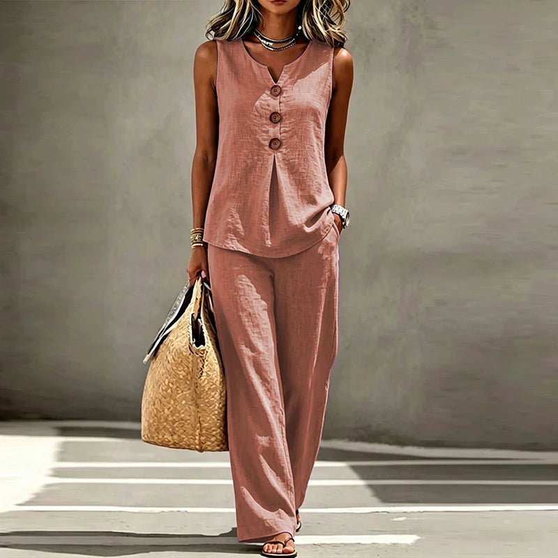 Iria™ | V-Neck Button Vest &amp; Wide-Leg Pants Set
