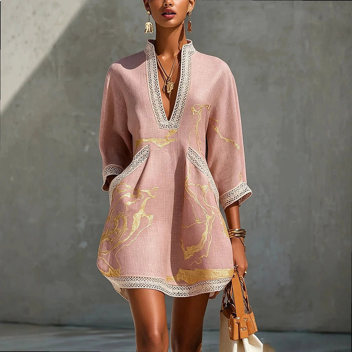 Lunette™ | Linen V-Neck Lace Trim Mini Dress