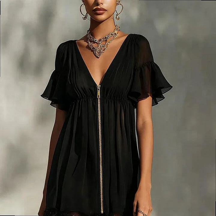 Noelle™ | Cross V-Neck Zip-Up Lace Mini Dress