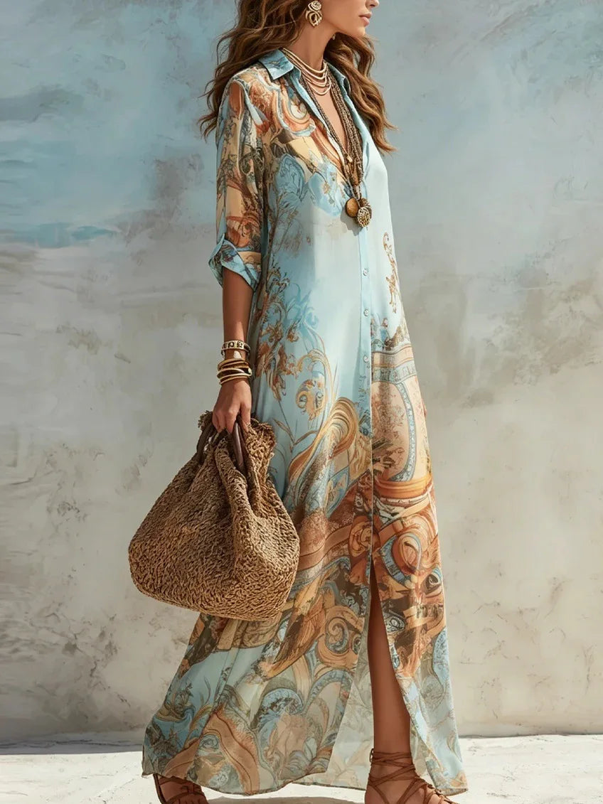 Aurora™ | Vacation Floral Print Shirt Maxi Dress