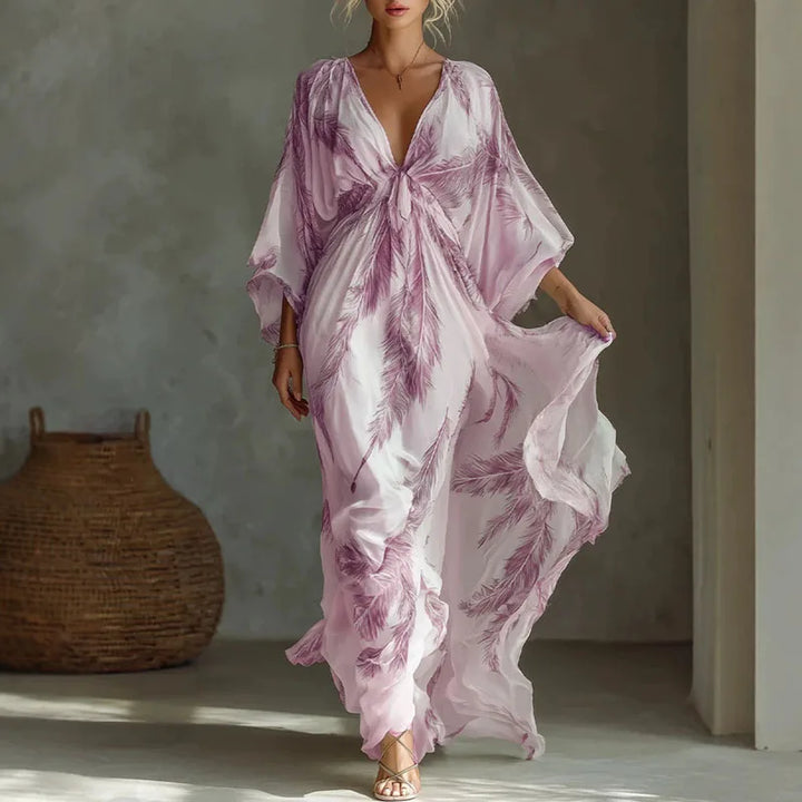 Delphine™ | V-Neck Batwing Print Chiffon Maxi Dress