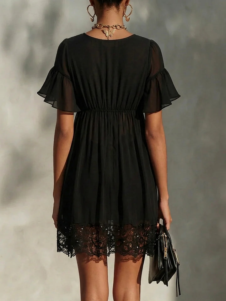 Noelle™ | Cross V-Neck Zip-Up Lace Mini Dress