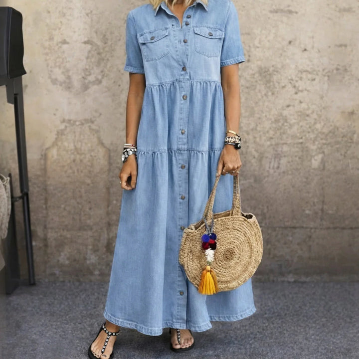 Salomé™ | Chambray Button-Front Tiered Maxi Dress