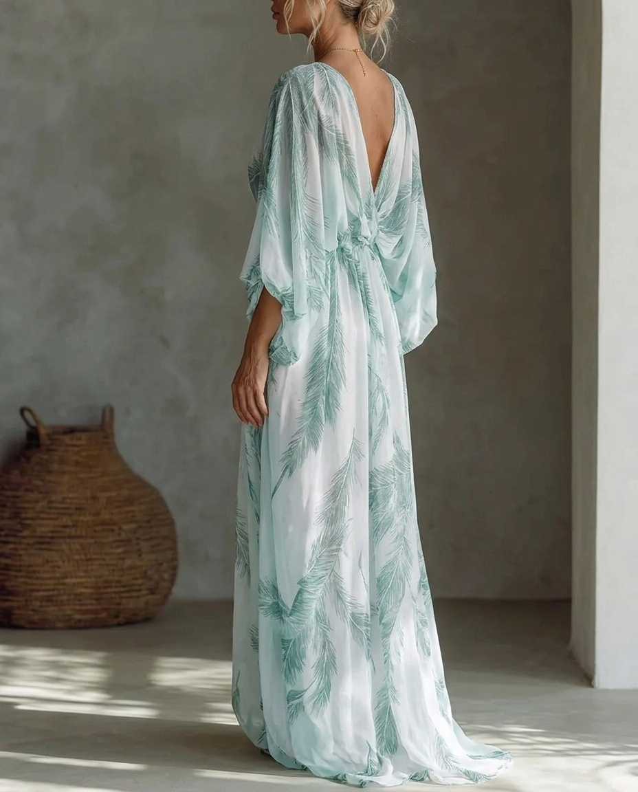 Delphine™ | V-Neck Batwing Print Chiffon Maxi Dress