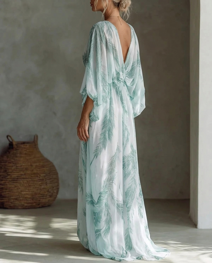 Delphine™ | V-Neck Batwing Print Chiffon Maxi Dress