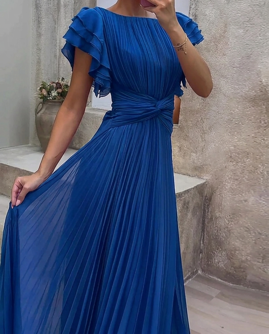 Estelle™ | Pleated Cross-Front Ruffle Sleeve Dress
