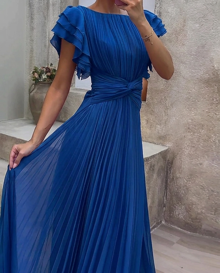 Estelle™ | Pleated Cross-Front Ruffle Sleeve Dress