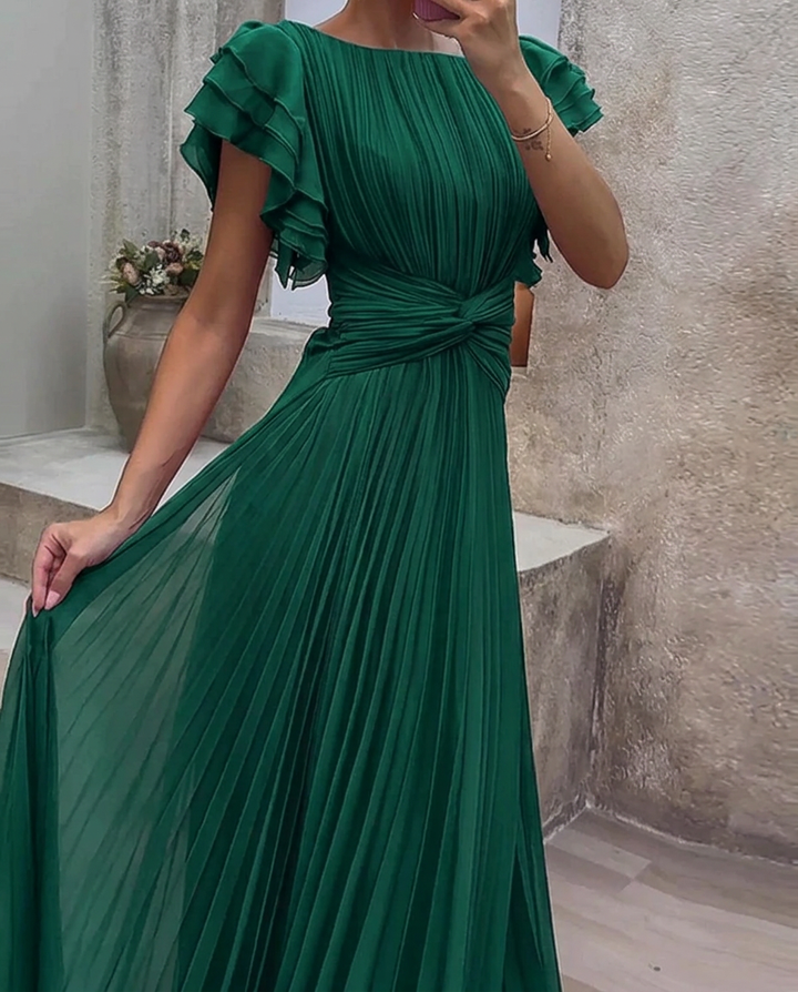 Estelle™ | Pleated Cross-Front Ruffle Sleeve Dress