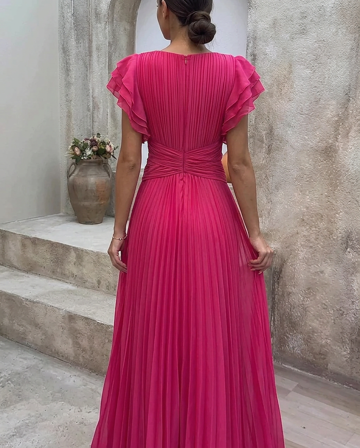 Estelle™ | Pleated Cross-Front Ruffle Sleeve Dress