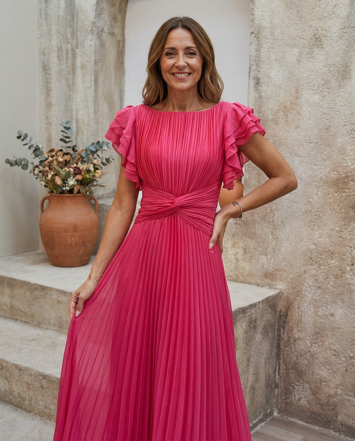 Estelle™ | Pleated Cross-Front Ruffle Sleeve Dress