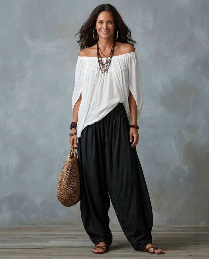 Bernadette™ | Off-Shoulder Blouse &amp; Wide-Leg Harem Pants Set