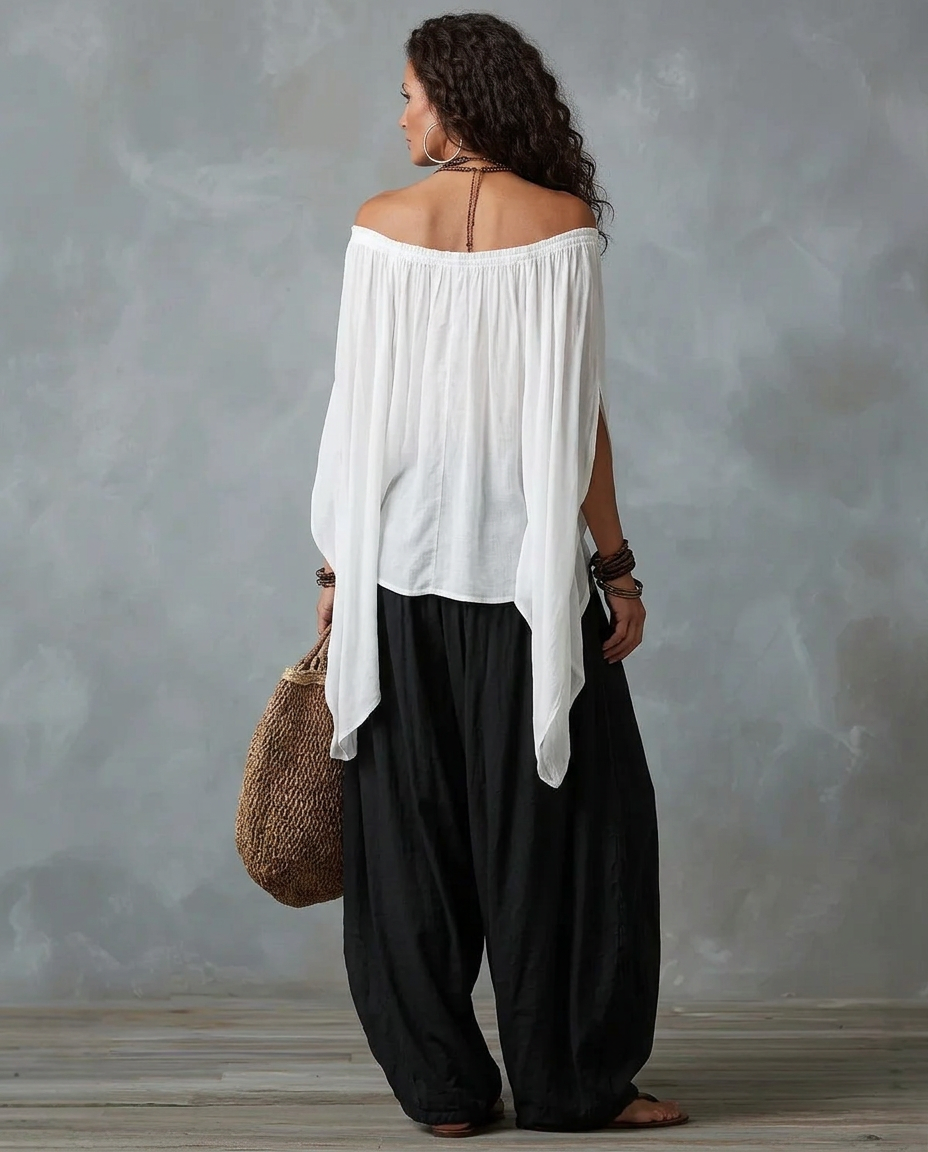 Bernadette™ | Off-Shoulder Blouse &amp; Wide-Leg Harem Pants Set