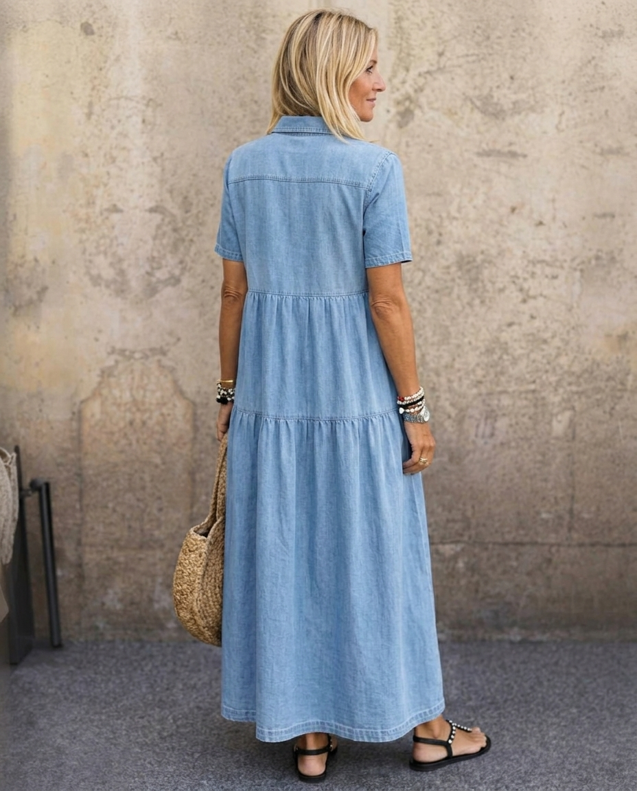 Salomé™ | Chambray Button-Front Tiered Maxi Dress