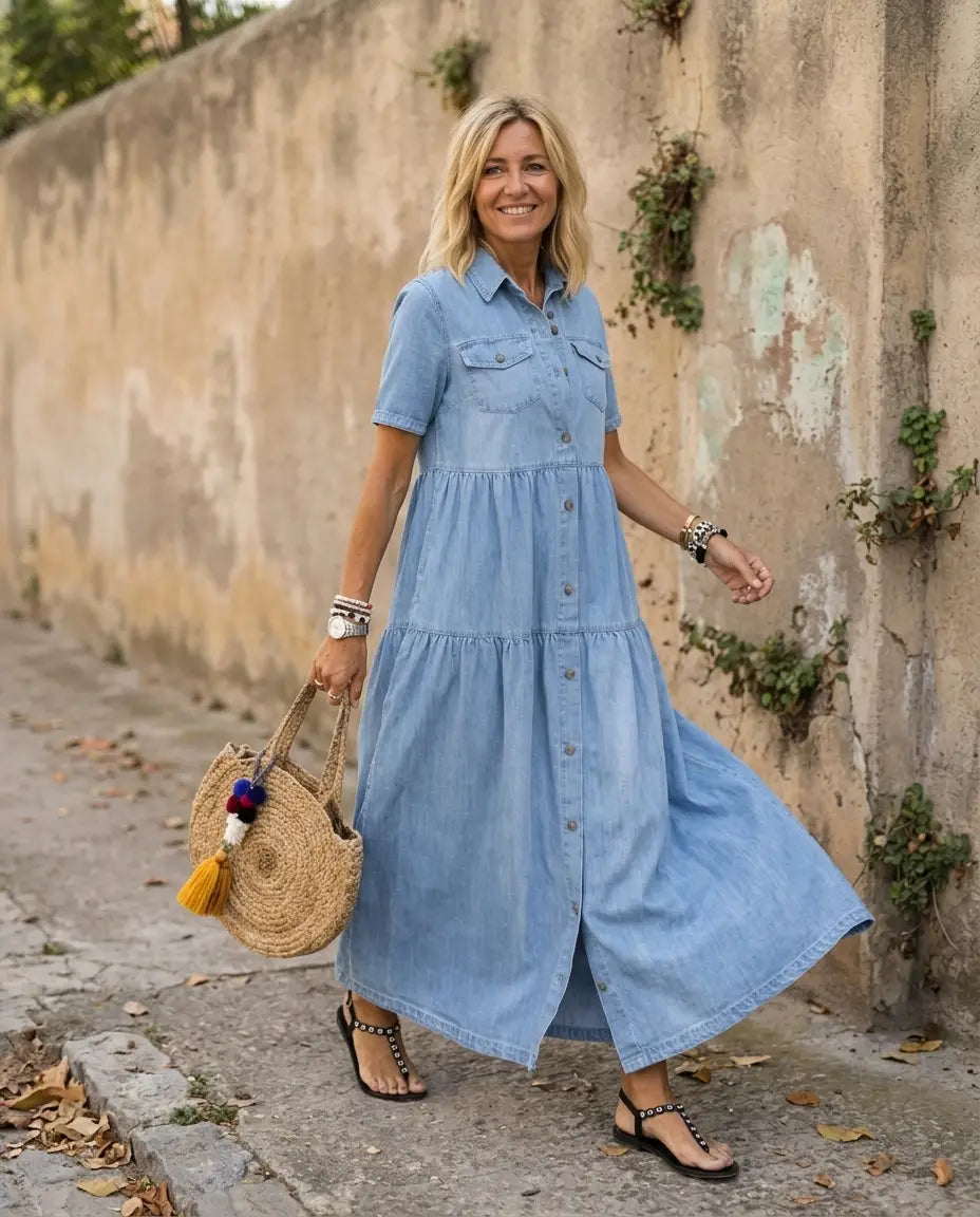 Salomé™ | Chambray Button-Front Tiered Maxi Dress