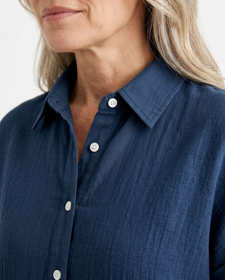 Fleurine navy blue button-down shirt fabric detail