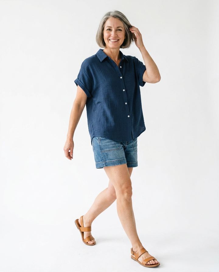 Fleurine navy blue button-down shirt movement shot