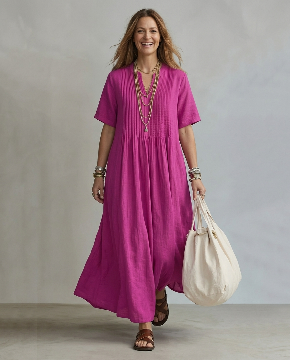 Noémie hot pink pintuck maxi dress movement shot